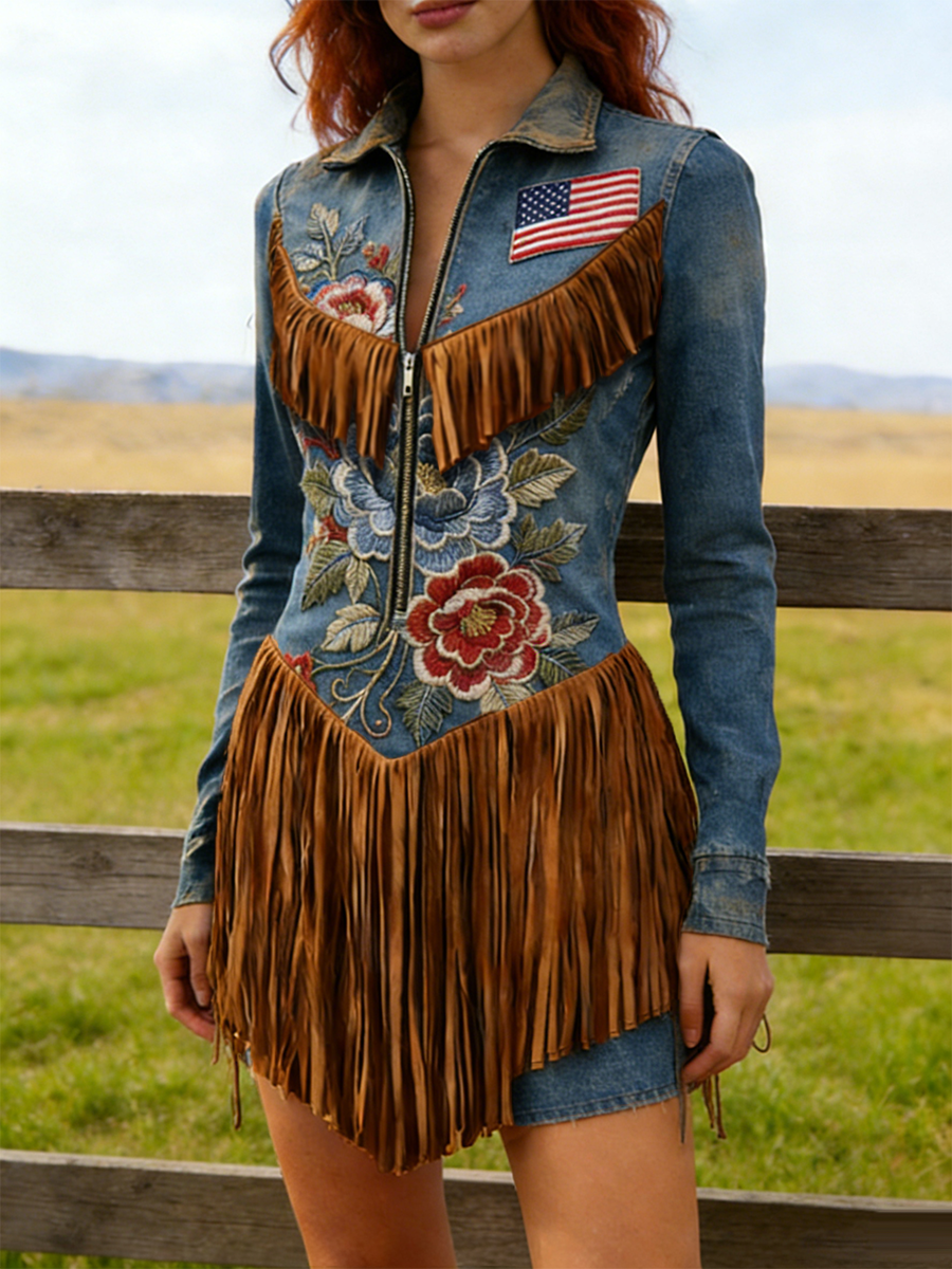 Cowboy Blue Floral Embroidery National Flag Logo Tassel Western Dress